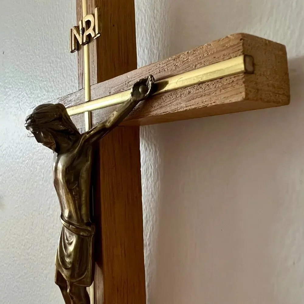 Vintage 50s Catholic Wall Crucifix Cross Brass & Wood – Made in Western Germany